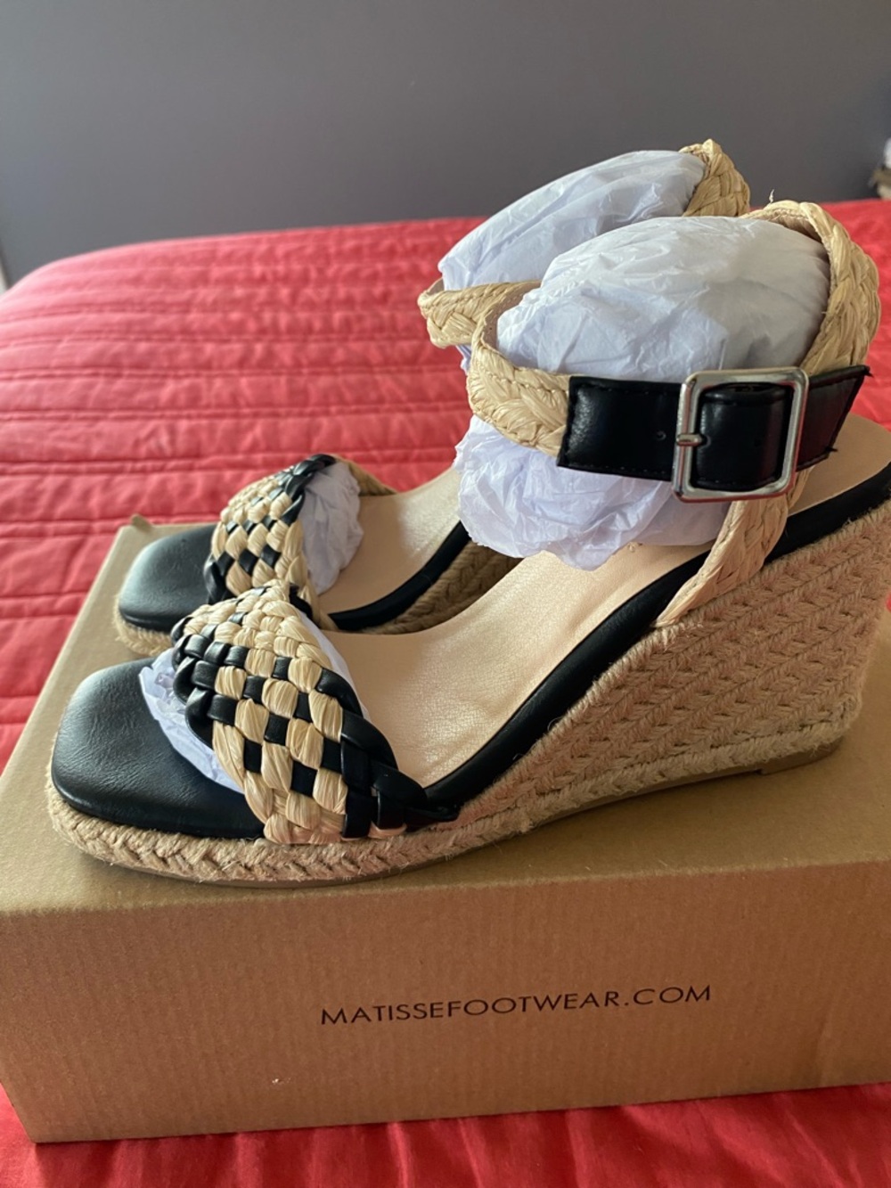 Matisse Black and Natural Braided Espadrille Wedge Sandals